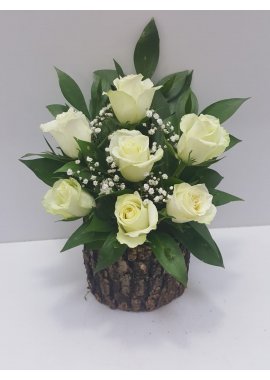  Doğal Ahşap Kütükte 7'li  Beyaz Güller